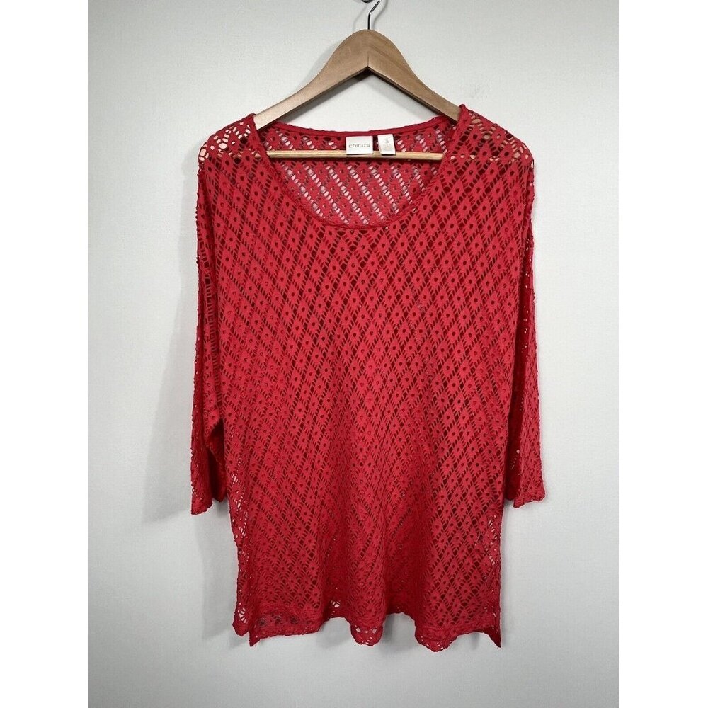 Chicos Shirt Women Size 3 Pink Tunic 3/4 Sleeve Open Knit Swim Cover Crochet XL